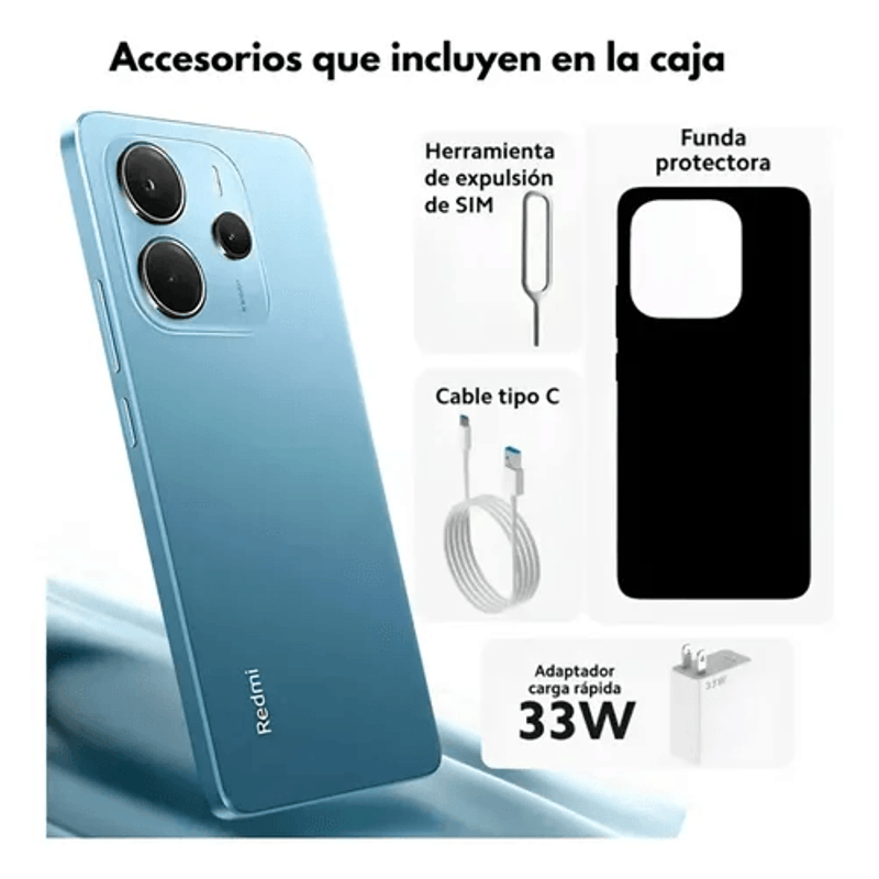 Celular Xiaomi Redmi Note 14 azul 128GB 6GB RAM vista trasera cámara 108MP