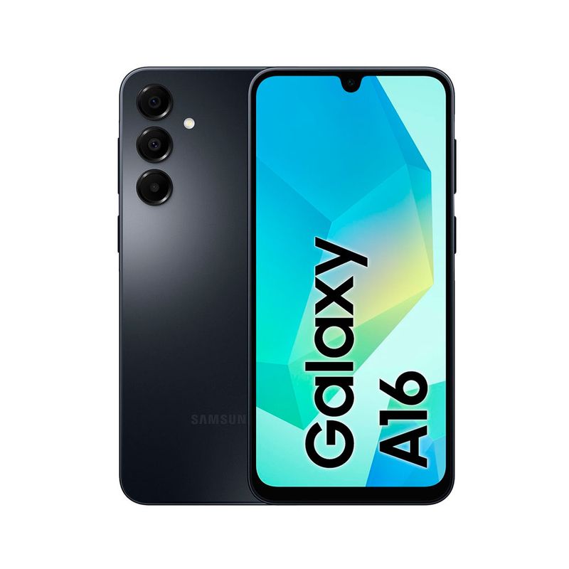 Celular Samsung Galaxy A16 negro 128GB vista frontal pantalla encendida