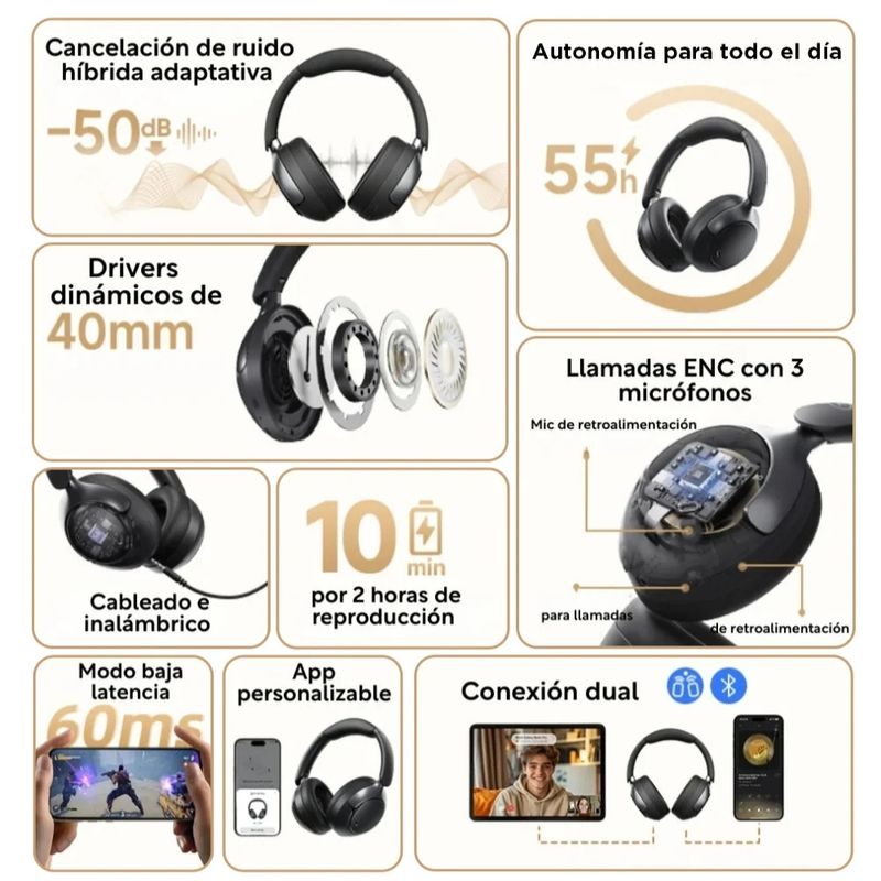 Audífonos over ear QCY H3 Pro con cancelación de ruido especificaciones