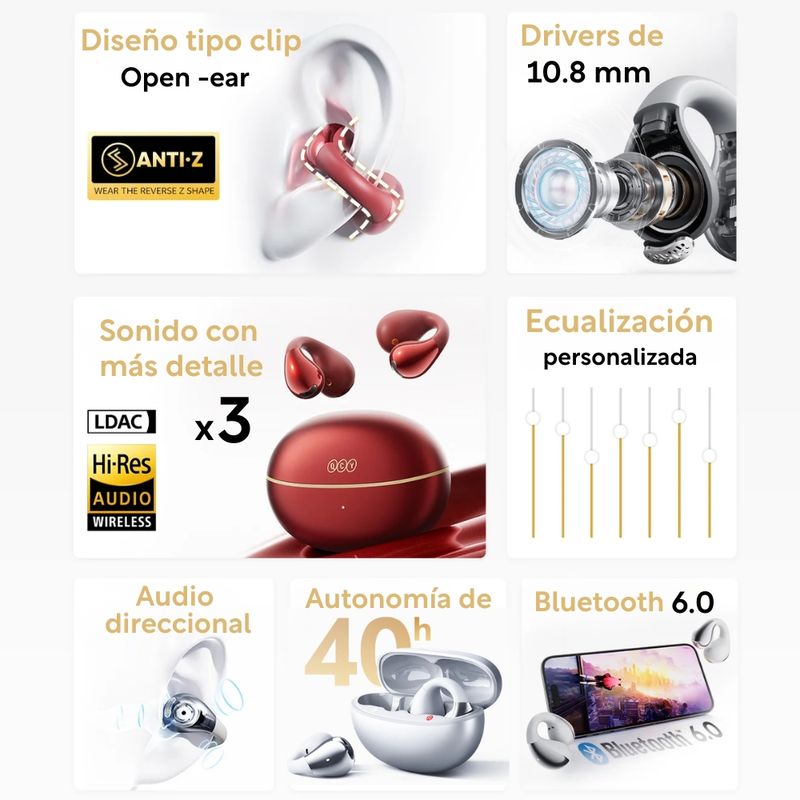 Audífonos QCY Crossky C30S bluetooth rojo producto completo