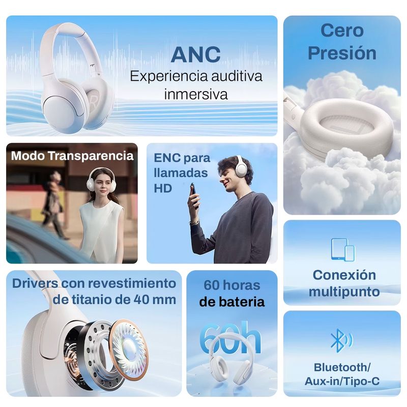 Audífonos bluetooth on ear QCY H3 Lite almohadillas acolchadas Negro Especificaciones cancelación activa de ruido ANC, micrófonos ENC y batería de hasta 60 horas