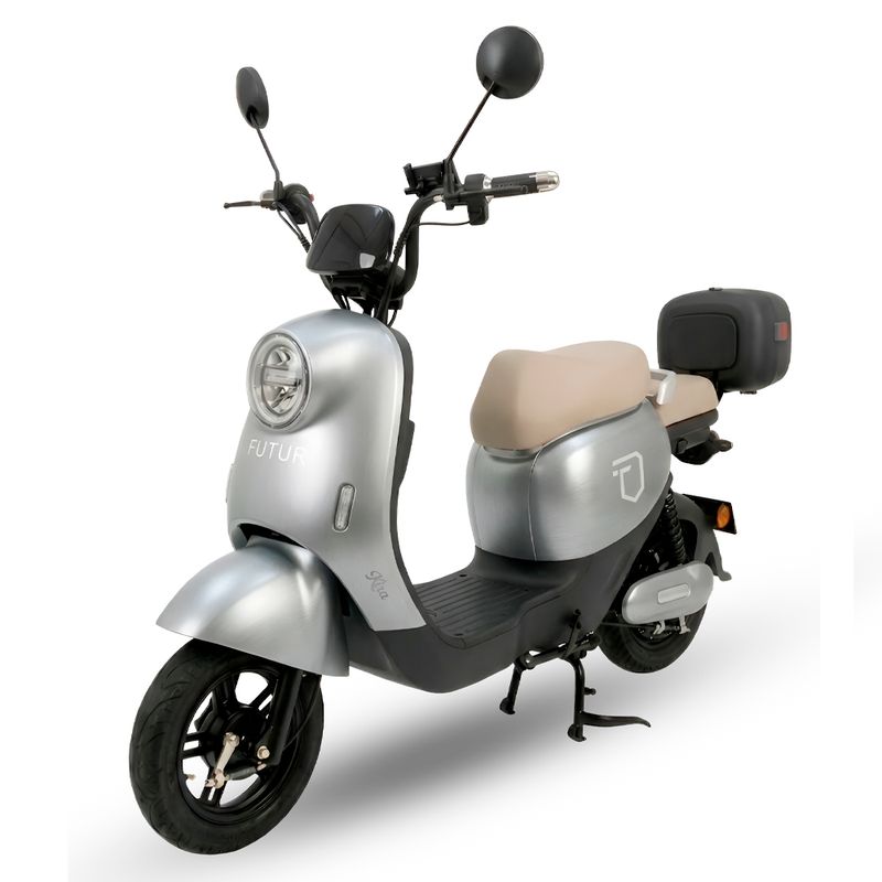 Bicimoto eléctrica KIRA autonomía 50 km color gris vista frontal oblicua