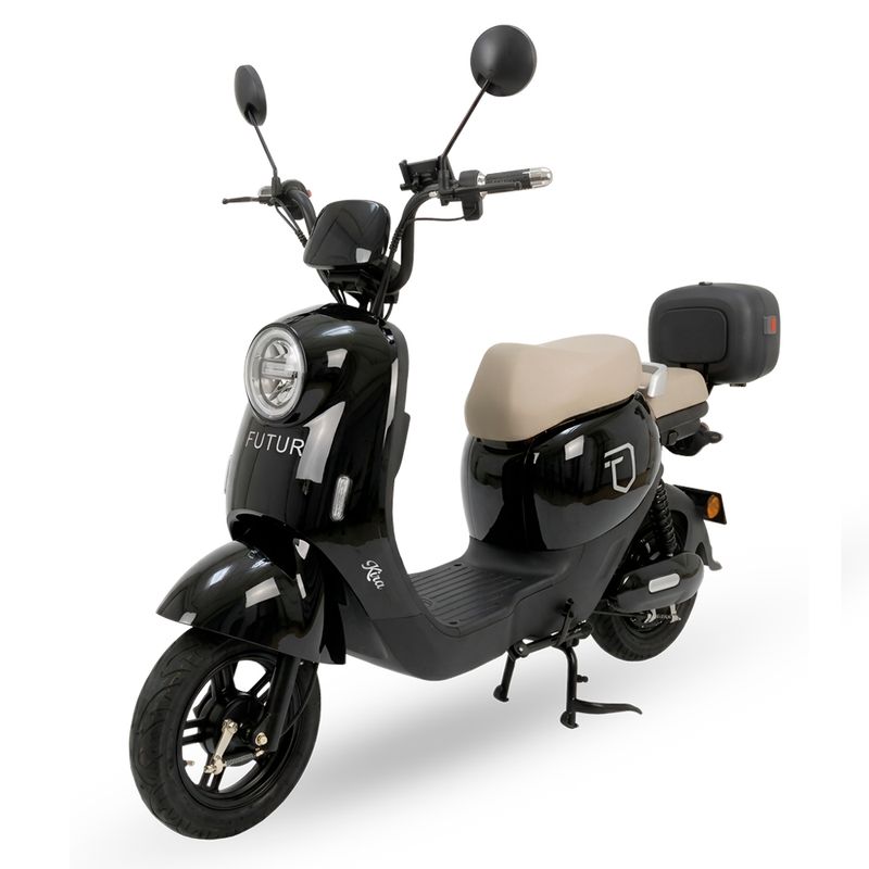 Bicimoto eléctrica KIRA velocidad máxima 25 km/h negra vista frontal oblicua