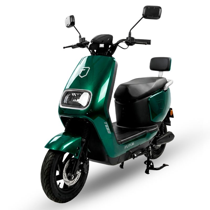 Moto eléctrica Futur Tera velocidad máxima 50 km/h verde vista frontal oblicua