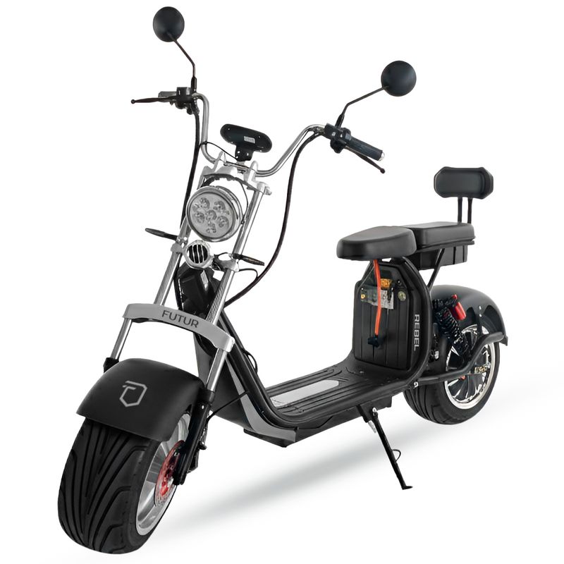 Moto eléctrica Futur Rebel velocidad máxima 50 km/h negra vista frontal oblicua