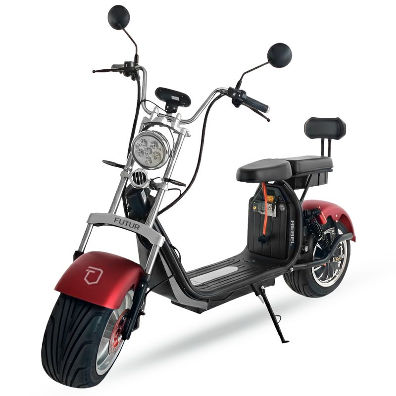 Moto eléctrica Futur Rebel velocidad máxima 50 km/h rojo vista frontal oblicua