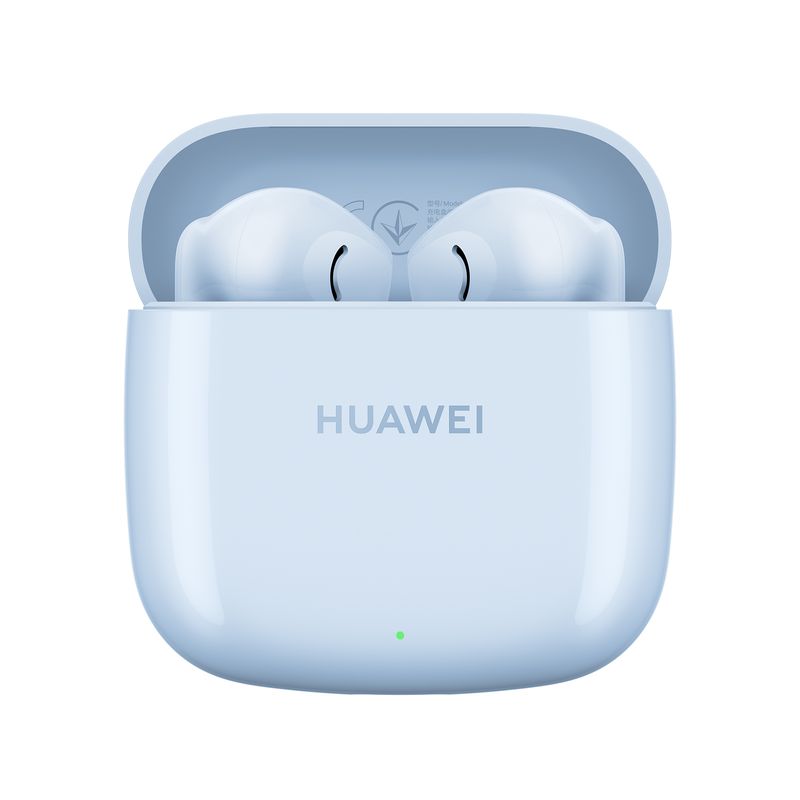 Audífonos bluetooth True Wireless Huawei FreeBuds SE 2 hasta 40 horas celeste vista frontal estuche de carga abierto con audífonos