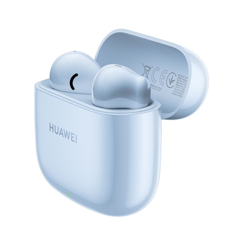 Audífonos bluetooth True Wireless Huawei FreeBuds SE 2 hasta 40 horas celeste vista perspectiva estuche de carga abierto con audífonos