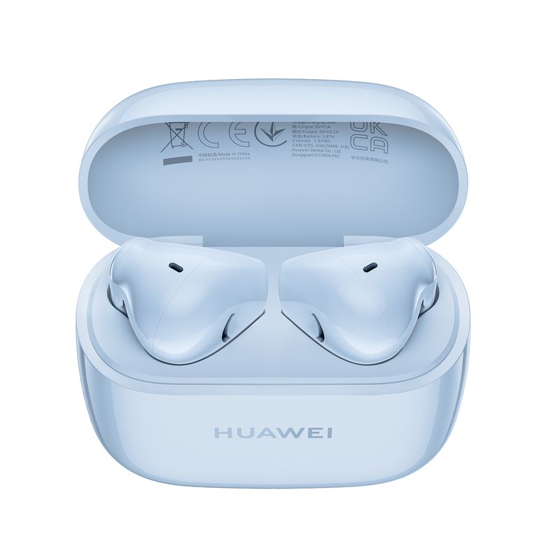 Audífonos bluetooth True Wireless Huawei FreeBuds SE 2 hasta 40 horas celeste vista frontal estuche de carga abierto con audífonos
