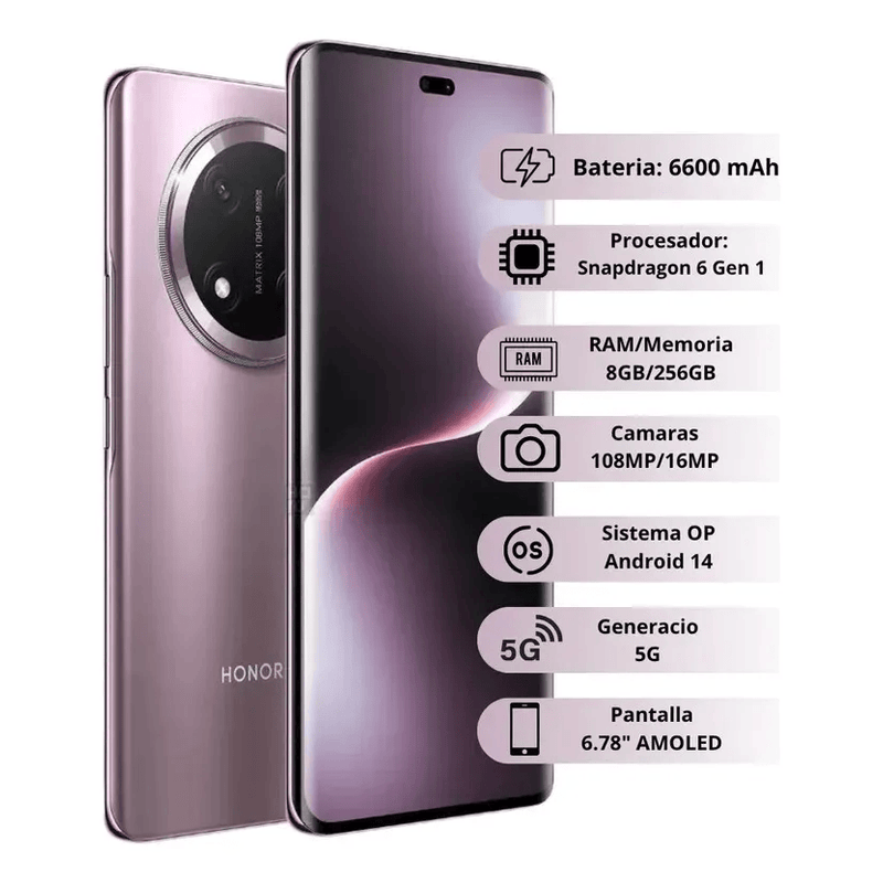 Celular Honor X9C titanio morado 256GB vista en ángulo diseño premium