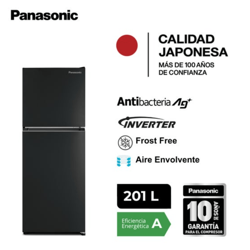 Refrigeradora Panasonic 201L No Frost luz LED negra frontal características