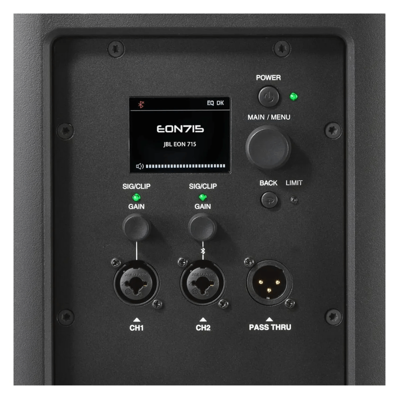Parlante JBL EON715 negro detalle panel conexiones