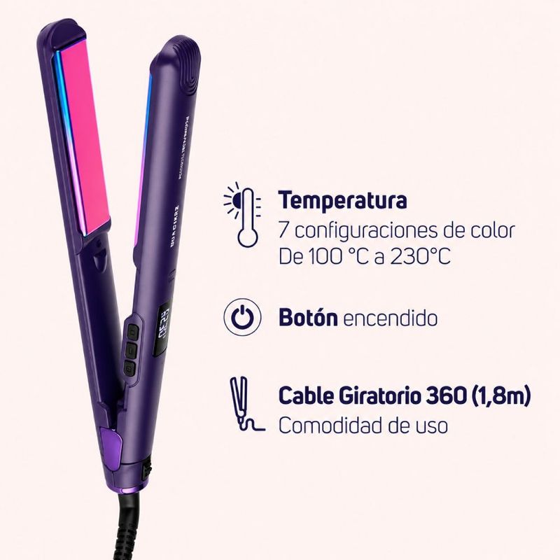 Alisadora Taurus Plasma Slim Titanium 210C 7 niveles morada frontal diagonal lateral
