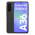 Celular Samsung Galaxy A36 5G negro vista frontal y trasera