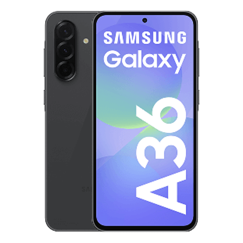 Celular Samsung Galaxy A36 5G negro vista frontal y trasera