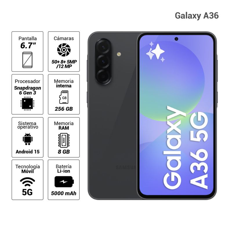 Celular Samsung Galaxy A36 5G negro producto completo