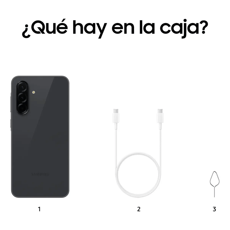 Celular Samsung Galaxy A36 5G negro detalle contenido de la caja