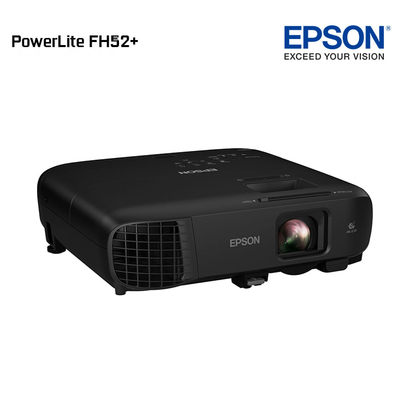 Proyector portátil Epson PowerLite FH52+ resolución 1920x1080 vista frontal oblicua