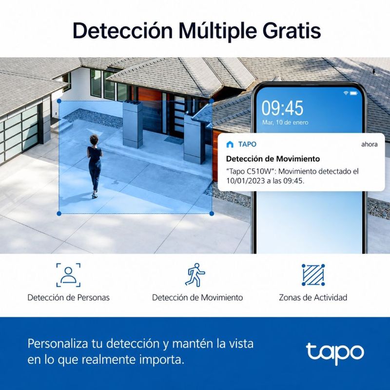 Cámara TP-Link Tapo C510W 2K QHD Wi-Fi 360 exterior blanca frontal funciones