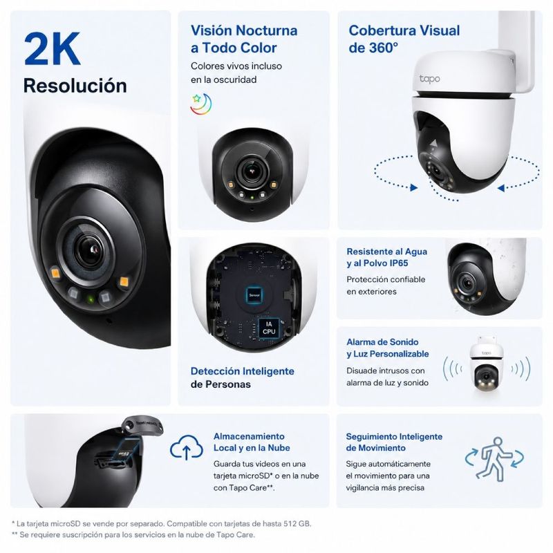 Cámara TP-Link Tapo C510W 2K QHD Wi-Fi 360 exterior blanca frontal características