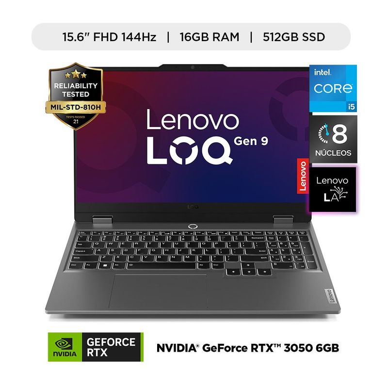 Laptop Lenovo LOQ 15IAX9 i5 16GB SSD 512GB RTX3050 gris características