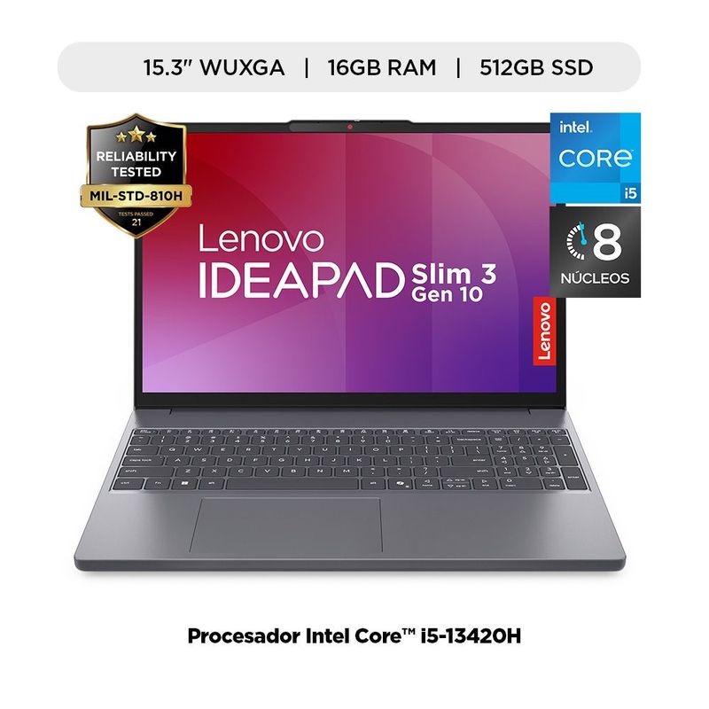 Laptop Lenovo IdeaPad Slim 3 i5 16GB SSD 512GB 15.3 gris frontal especificaciones
