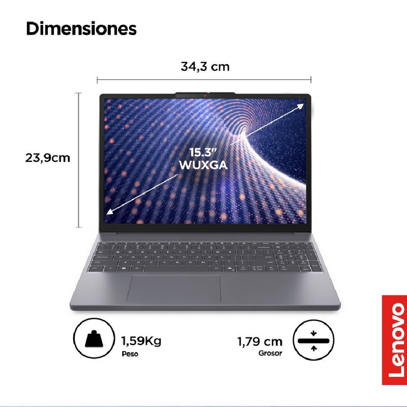 Laptop Lenovo IdeaPad Slim 3 i5 16GB SSD 512GB 15.3 gris frontal medidas