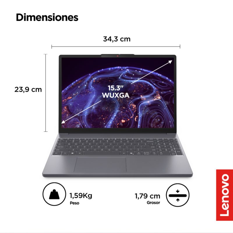 Laptop Lenovo IdeaPad Slim 3 Intel Core i5 8GB RAM SSD 512GB vista frontal dimensiones
