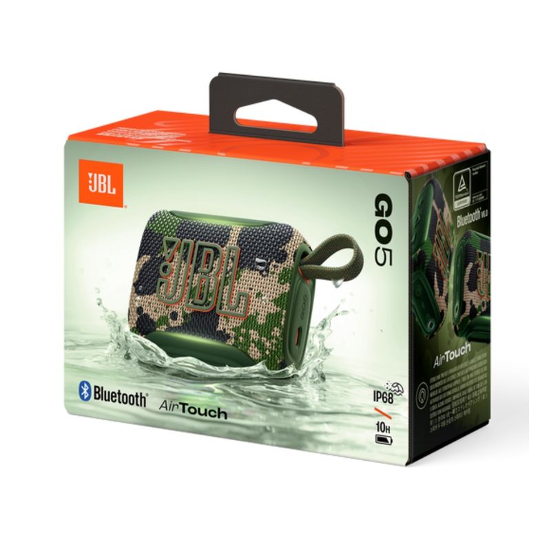 Parlante Bluetooth JBL Go 5 resistente al agua IP68 camuflado vista empaque