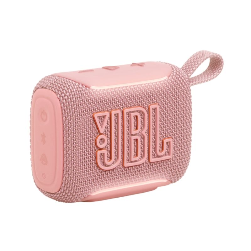 Parlante Bluetooth JBL Go 5 resistente al agua IP68 rosado vista frontal oblicua