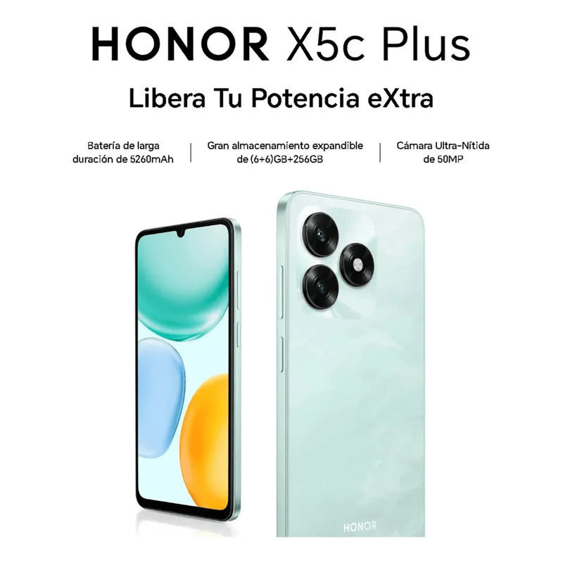 Celular Honor X5c Plus 256GB 4GB RAM cámara 50MP negro 4G FRONTAL OBLICUO
