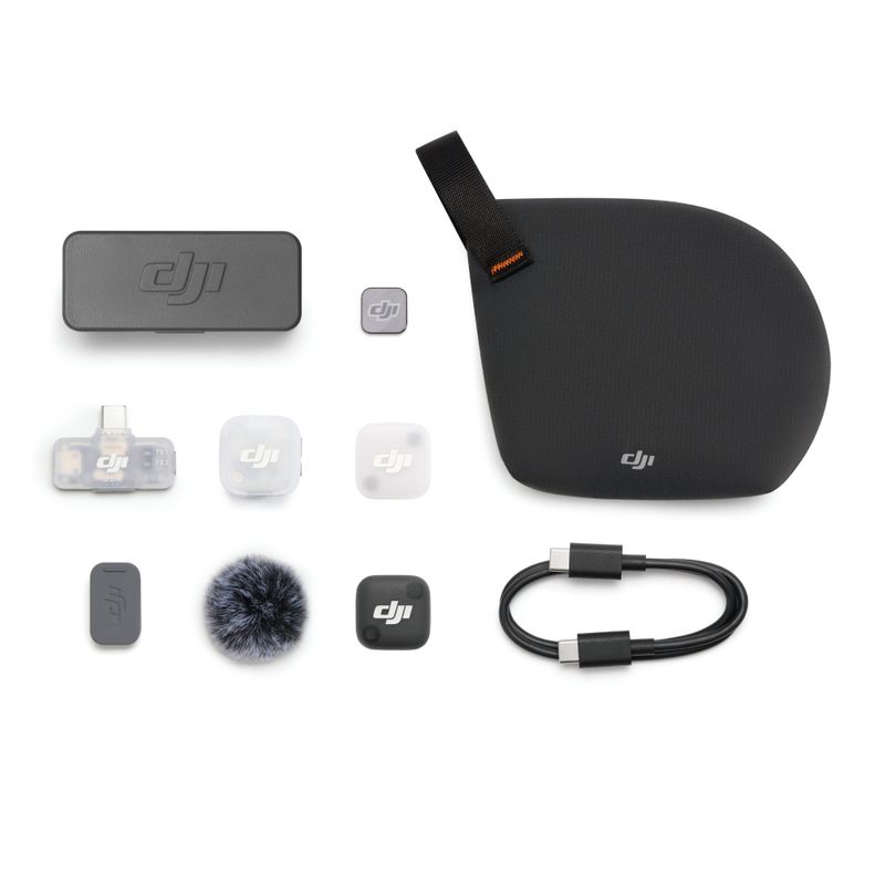 Micrófono DJI Mic Mini 2 con receptor móvil y estuche de carga vista frontal con accesorios