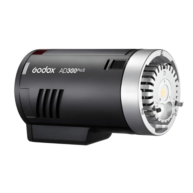Flash Godox AD300 Pro II con inclinación de 90 grados vista lateral oblicua