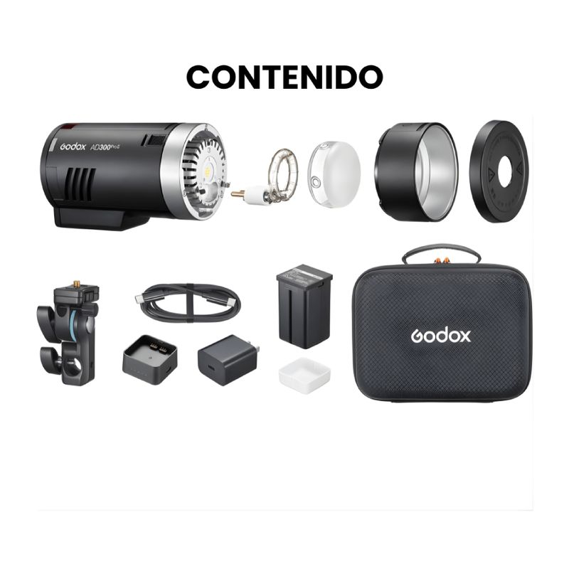 Flash Godox AD300 Pro II con inclinación de 90 grados contenido de caja