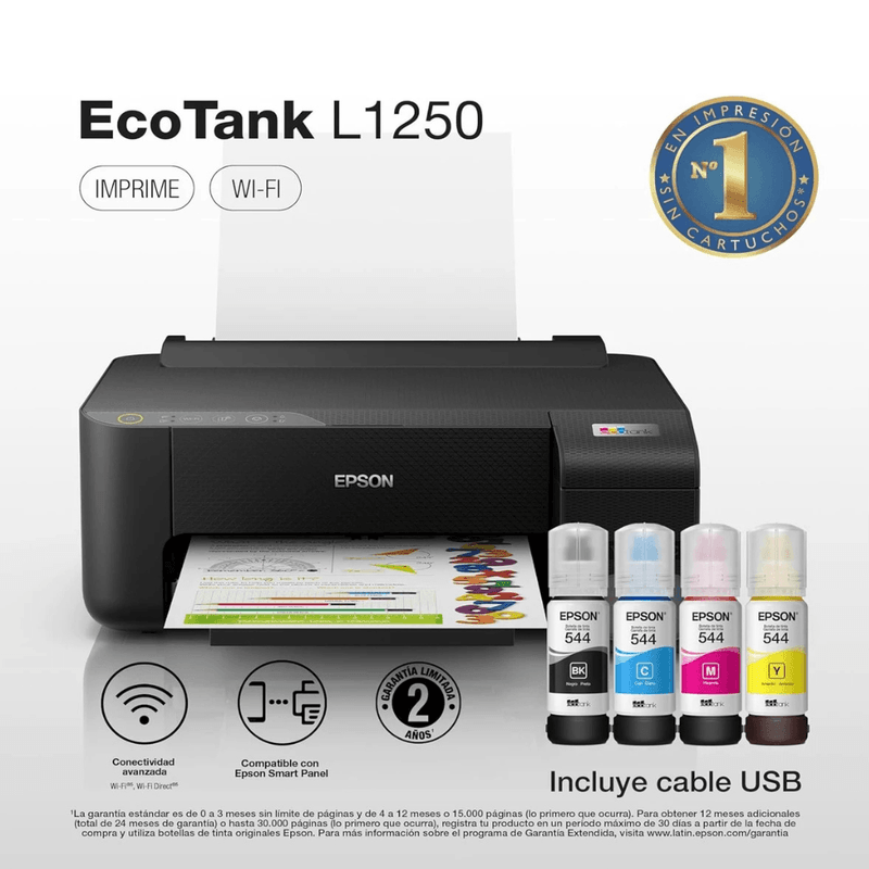 Impresora Epson EcoTank L1250 con botellas de tinta negro vista de producto