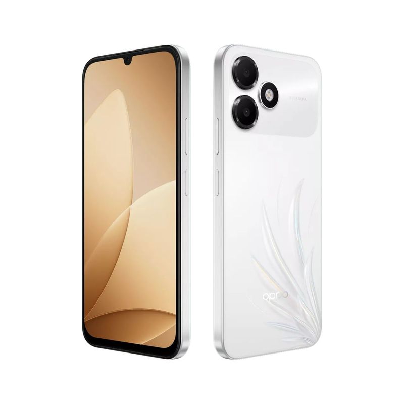 Celular OPPO A6c 5G 128GB 8+8GB RAM cámara IA 50MP blanco frontal oblicuo