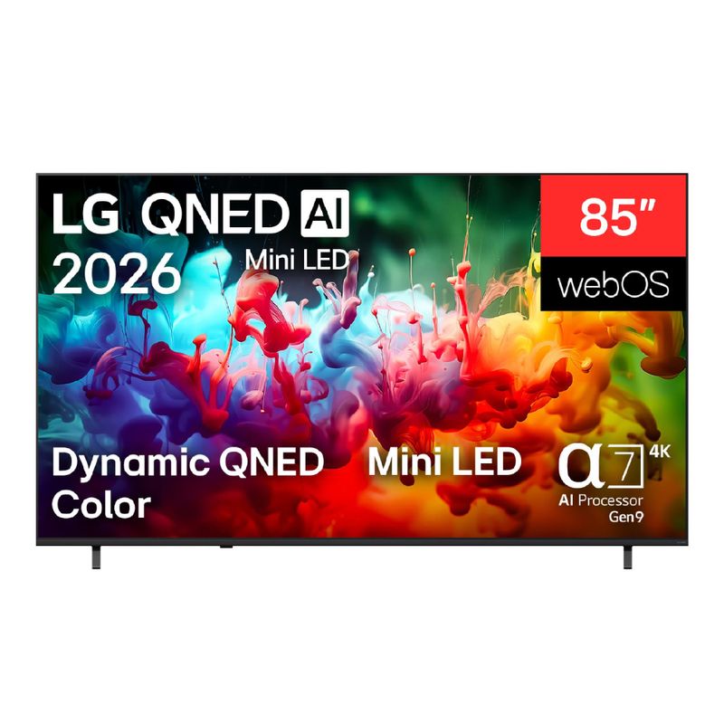 Smart TV LG 85 pulgadas 4K MiniLED webOS 2026 vista frontal especificaciones