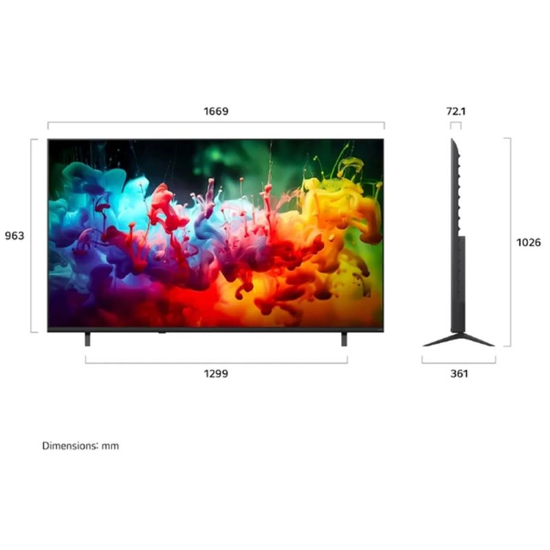 Smart TV LG 75 75QNED70BSA pulgadas 4K Ultra HD MiniLED 2026 vista dimensiones