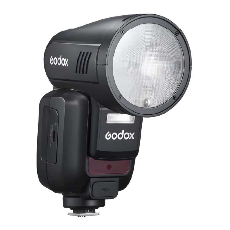 Flash profesional de zapata Godox V100 para Canon vista frontal oblicua