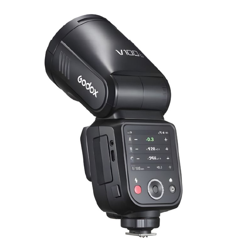 Flash profesional de zapata Godox V100 para Canon vista dorsal oblicua
