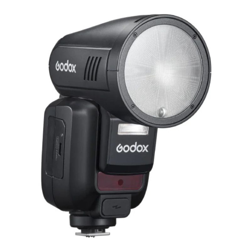 Flash Godox V100 compatible con cámaras Sony vista frontal oblicua