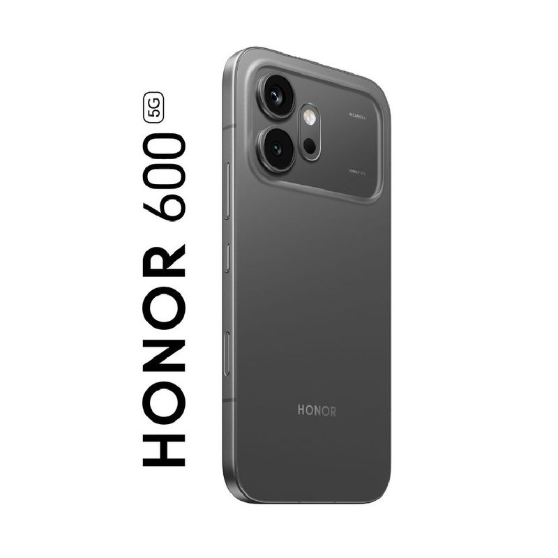 Celular Honor 600 512GB negro + Smartwatch Honor Choice 2i dorsal oblicuo