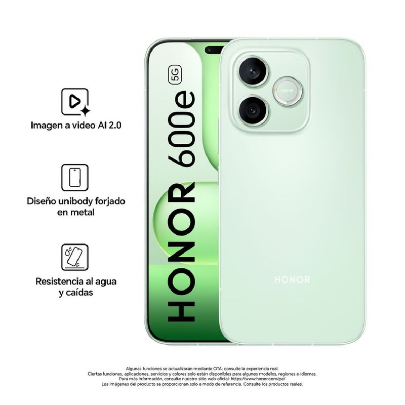 Celular Honor 600E 512GB verde, batería 6520 mAh e IP66 frontal características