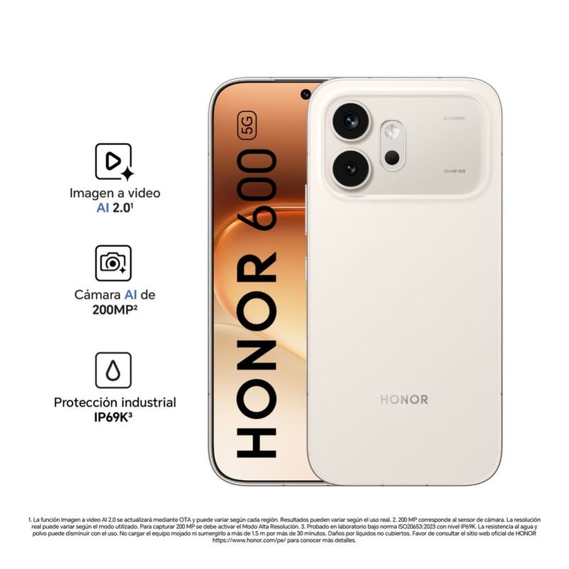 Celular Honor 600E 512GB oro, batería 6520 mAh e IP66 frontal beneficios