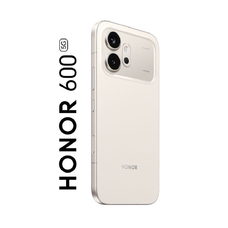 Celular Honor 600E 512GB oro, batería 6520 mAh e IP66 dorsal oblicuo
