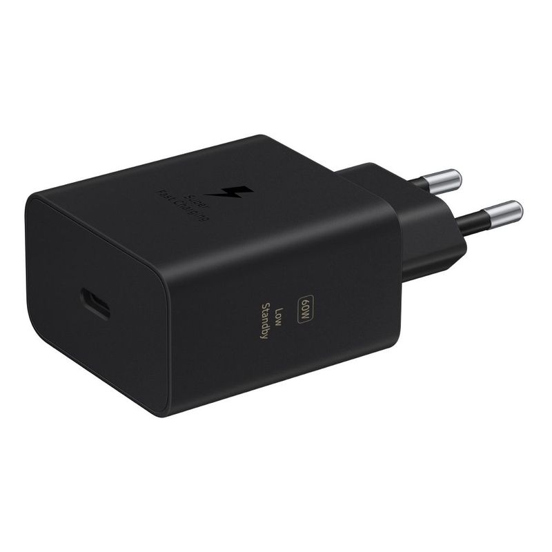 Cargador de pared Samsung USB-C 60W negro, carga rápida frontal