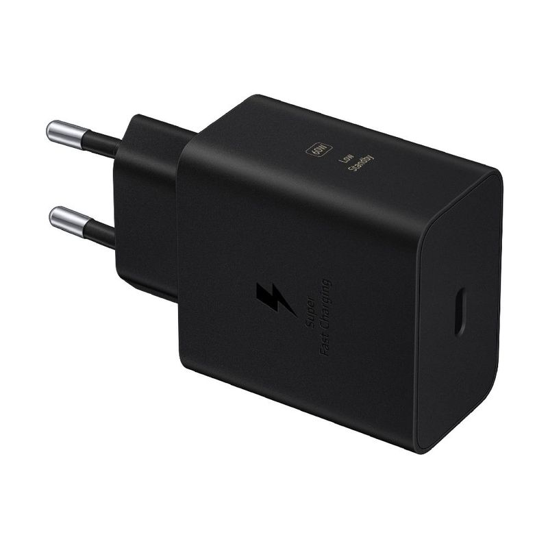 Cargador de pared Samsung USB-C 60W negro, carga rápida diagonal