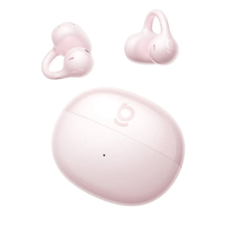 Audífonos TWS Baseus BC1 Bluetooth IPX5 con estuche rosado vista frontal oblicua