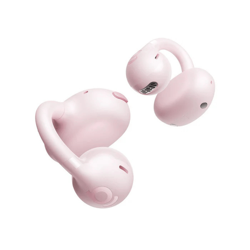 Audífonos TWS Baseus BC1 Bluetooth IPX5 con estuche rosado vista frontal y dorsal oblicua