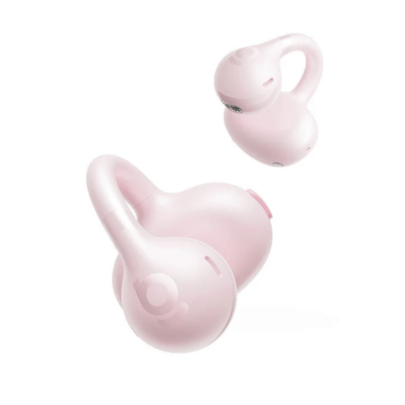 Audífonos TWS Baseus BC1 Bluetooth IPX5 con estuche rosado vista frontal y dorsal oblicua